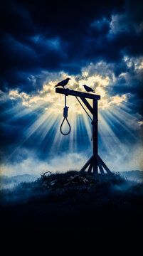Wooden gallows with crows under dramatic cloudy sky sunbeams