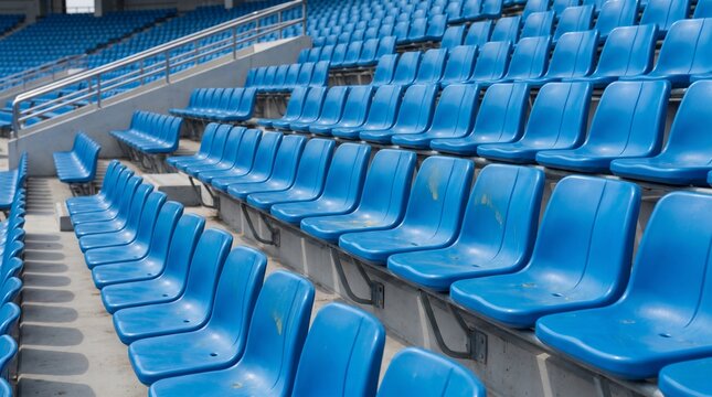 Empty rows of vibrant blue stadium seats await spectators at a large, modern sports arena event