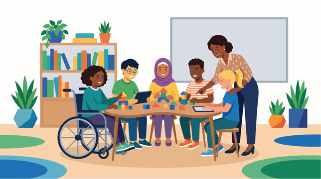Diverse students with inclusive teacher enjoying modern classroom activities and building blocks in this creative vector graphic illustration design project