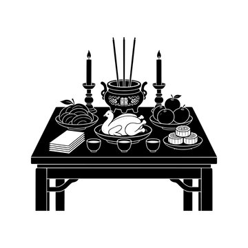 Chinese Hungry Ghost Festival vector illustration featuring a traditional ancestor worship table with incense, candles, food, fruit, tea and symbolic paper offerings. Perfect for Chinese culture, ance