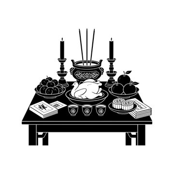 Chinese Hungry Ghost Festival vector illustration featuring a traditional ancestor worship table with incense, candles, food, fruit, tea and symbolic paper offerings. Perfect for Chinese culture, ance