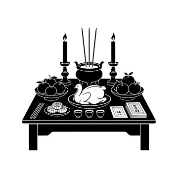 Chinese Hungry Ghost Festival vector illustration featuring a traditional ancestor worship table with incense, candles, food, fruit, tea and symbolic paper offerings. Perfect for Chinese culture, ance