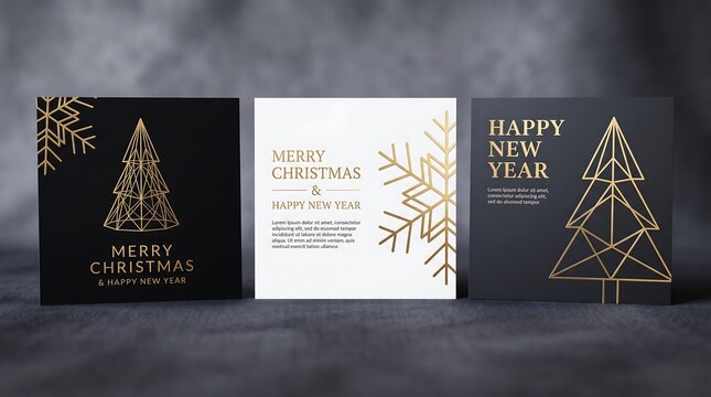 Three minimalist holiday cards featuring trees and festive greetings displayed against a dark background for.