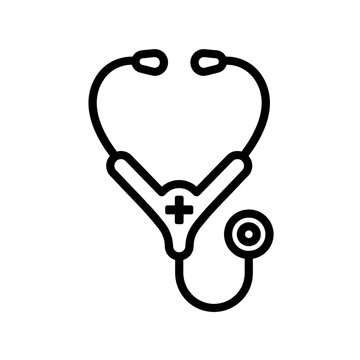 Stethoscope medical icon rendered as simple black line art isolated on white background for health care professional website design projects or clinical diagnostic web interface