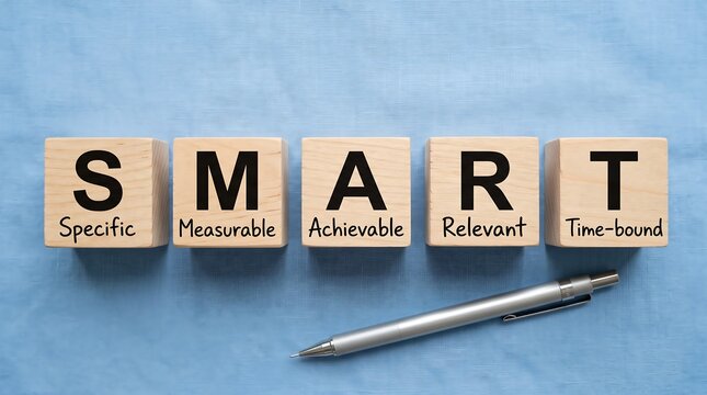 Smart goal acronym on wooden blocks with a pen