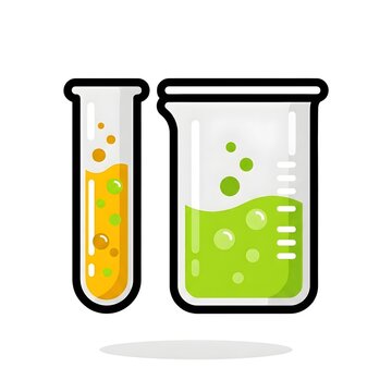 Scientific glass beaker and test tube filled with vibrant yellow and bright green liquid bubbles depicted as a stylized vector illustration for modern laboratory research