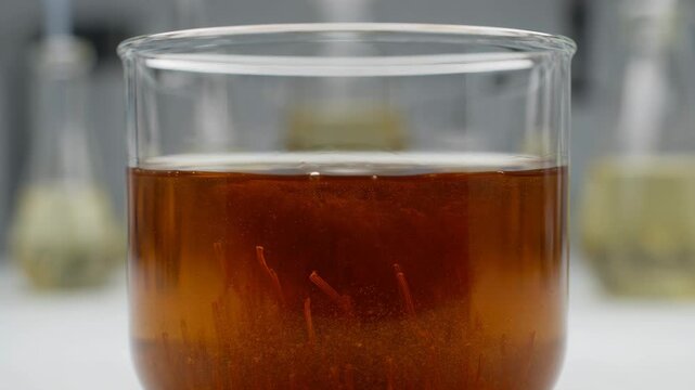 Close-up of Copper Electroplating Process in a Beaker: Dendrites Growing from a Copper Electrode in an Electrolyte Solution