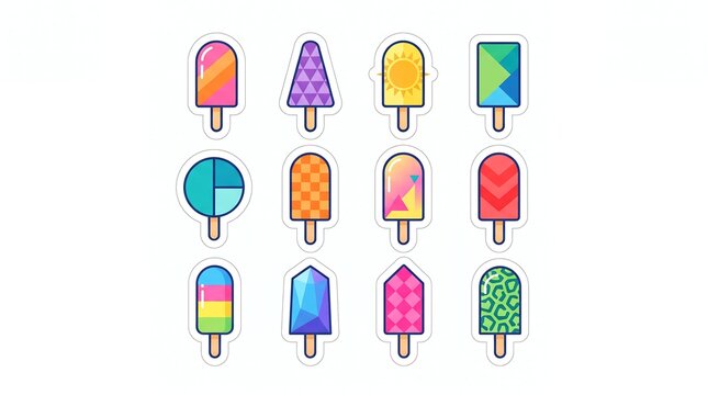 A collection of 12 colorful cartoon popsicle icons in a 3x4 grid, each featuring unique geometric patterns like stripes, plaid, and gradients.