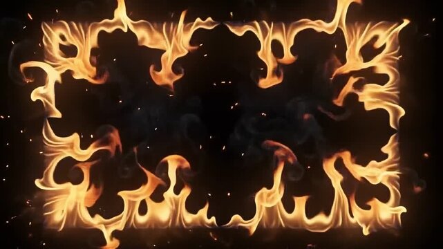Fiery rectangular frame with swirling flames and smoke on black background cinematic motion footage with sparks erupting.
