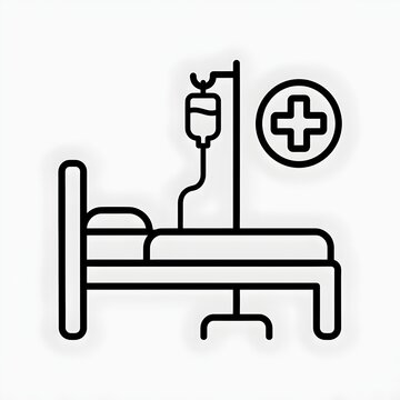 Hospital bed icon featuring a black outline design with an attached intravenous drip bag and a medical cross symbol on a plain clean white background