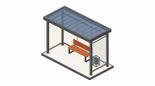 Modern bus stop shelter with bench and trash can.