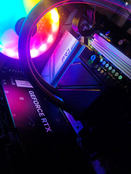 Minsk, Belarus. Jul 15, 2026. Gaming PC Interior with RGB Lighting Close-Up