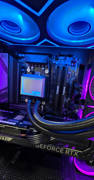 Minsk, Belarus. Jul 15, 2026. Gaming PC Interior with RGB Lighting Close-Up