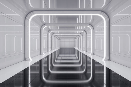Futuristic clean white rectangular tunnel with glowing neon strips and reflective dark floor neon lights modern corridor futuristic hallway sci fi interior sci