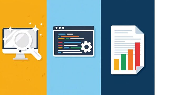 Desktop computer monitor with magnifying glass and plus symbol, coding window with gear, and document with bar chart, flat design, motion graphics, technology concepts.