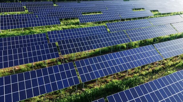 High angle aerial shot moving forward and tilting down right over a large solar panel farm. Clean renewable solar energy, photovoltaic array, sustainable power grid, and modern eco-friendly technology