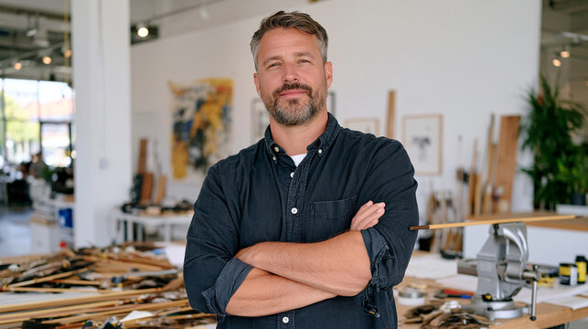 A fletcher stands in a minimalist studio surrounded by scattered wooden shafts, feather vanes, and adhesive tools left mid-project, aftermath framing showing a single completed arrow resting perfect