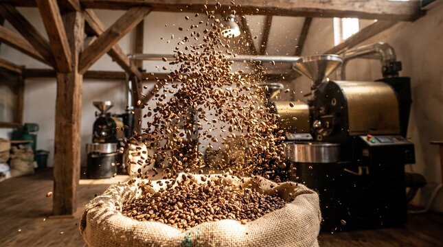 Coffee beans pouring from machine into burlap sack in rustic workshop setting