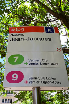 Geneva, Switzerland, Europe - 05.2026 : TPG (Transports publics genevois) public transport Jean-Jacques stop, there is line 7 - trolleybus and line 9 - cross-city bus stopping there