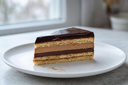 Slice of layered chocolate cake ( opera cake)  with dark chocolate ganache glaze and coffee buttercream filling on a minimalist white plate.