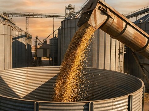 Harvested grains pouring from chute into a metal storage bin at an industrial agricultural facility.