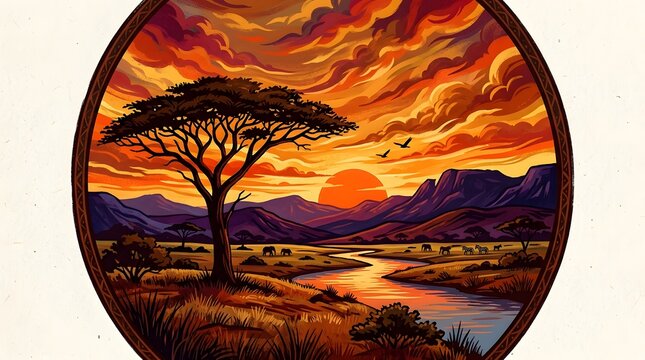 Dramatic African Savanna Sunset with Acacia Tree, Mountains, Grassland, and Flying Birds