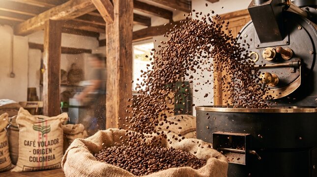 Rustic coffee roaster releasing freshly ground aromatic beans into burlap sack