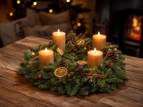 Adventskranz mit vier brennenden Kerzen, Tannengr&uuml;n, Zimt und getrockneten Orangenscheiben auf rustikalem Holztisch. Warmes Motiv f&uuml;r Vorweihnachtszeit, Advent und Gem&uuml;tlichkeit.