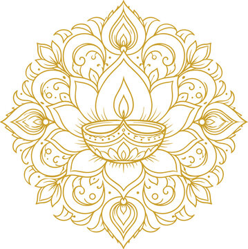 Diya Lamp Lotus Mandala Coloring Page with Ornamental Floral Line Art