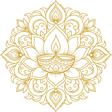 Diya Lamp Lotus Mandala Coloring Page with Ornamental Floral Line Art