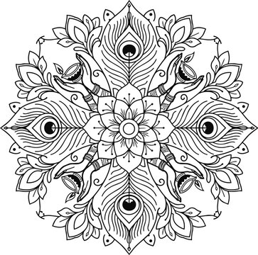 Symmetrical Peacock Feather and Lotus Mandala with Hands Holding Diyas