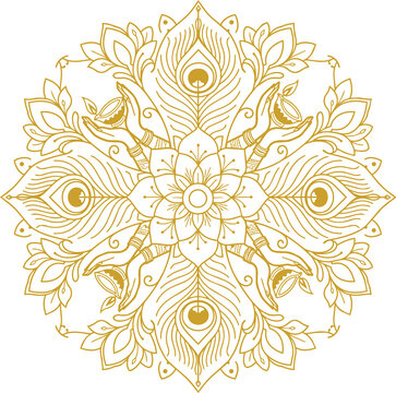 Symmetrical Peacock Feather and Lotus Mandala with Hands Holding Diyas