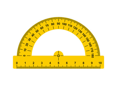 Yellow plastic protractor and ruler tool for geometry and school measurement.