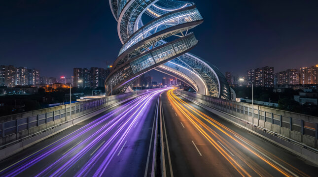 Futuristic helical sky bridge over urban highway with purple and amber light trails at night.