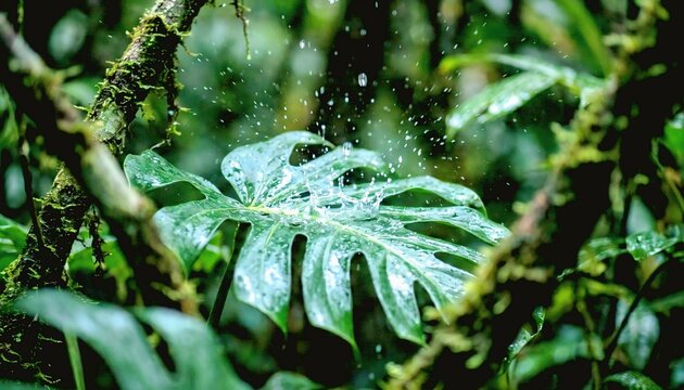 Close up of heavy rain falling on a dark green Monstera plant leaf in a moody tropical jungle