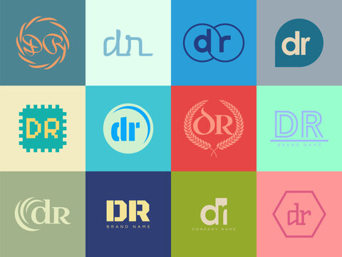 DR logo company template. Letter d and r logotype. Set different classic serif lettering and modern bold text with design elements. Initial font typography.