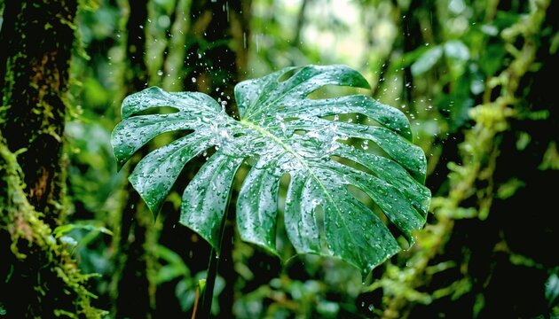 Extreme close-up shot of one raindrop settled on a vibrant green fern leaf inside a gloomy, saturated rainforest