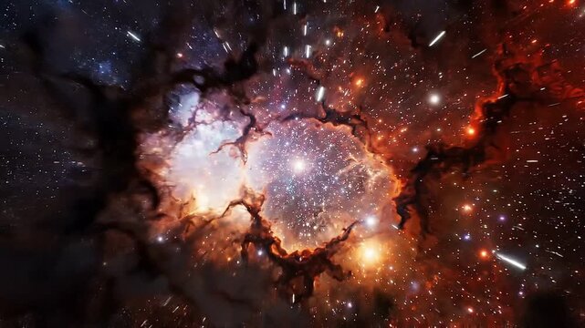 Warp speed travel through colorful nebulae and distant galaxies with streaking stars cinematic motion footage.