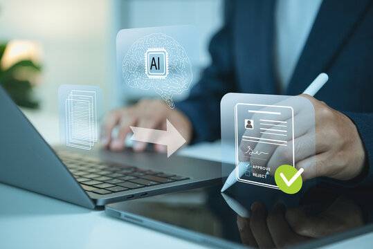 AI document approval interface on laptop person using stylus to automate contract review digital signatures compliance checks workflow validation and paperless business processing.