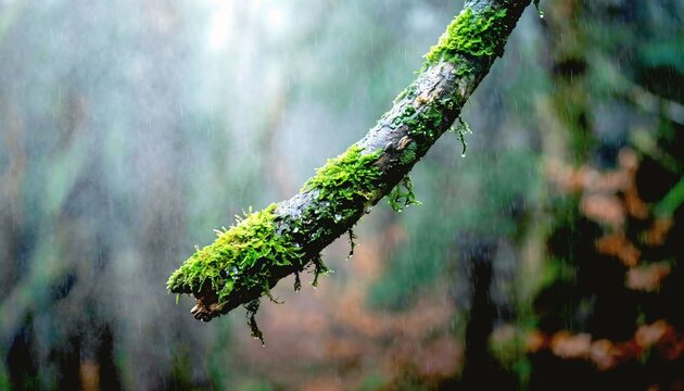 Fine mist and rain falling on a green mossy tree branch in a dark forest
