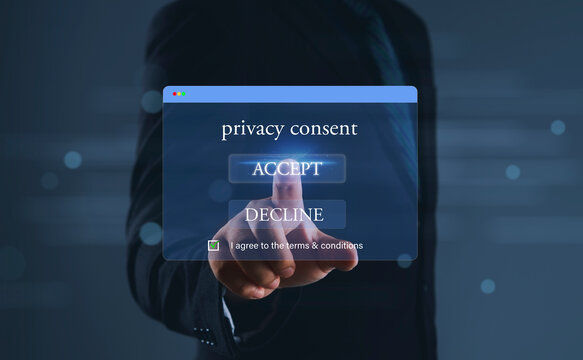 Privacy consent management with businessperson accepting digital terms to protect personal data support compliance strengthen user trust and enable transparent online privacy choices.