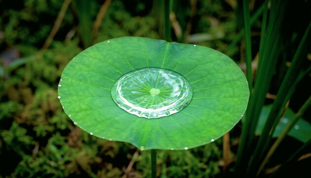 Close-up of a rainwater puddle gathering on the surface of a vibrant lotus leaf in a marshy woodland
