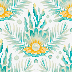 Tropical botanical seamless pattern with Exotic flowers and palm leaves © gustav23