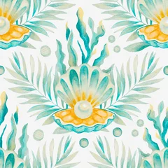 Tropical botanical seamless pattern with Exotic flowers and palm leaves © gustav23