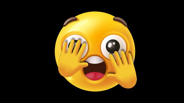 Animated yellow scared face covering its eyes with hands, expressing fear, panic and surprise, isolated with alpha channel for reactions and emotional content
