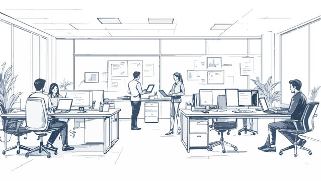 Business people collaborating in a modern office drawing