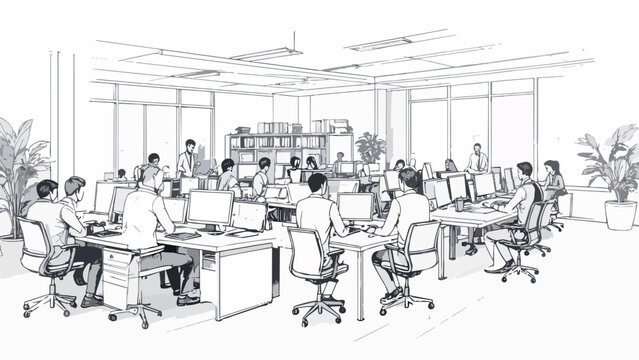 Businesspeople working in busy open-plan office environment