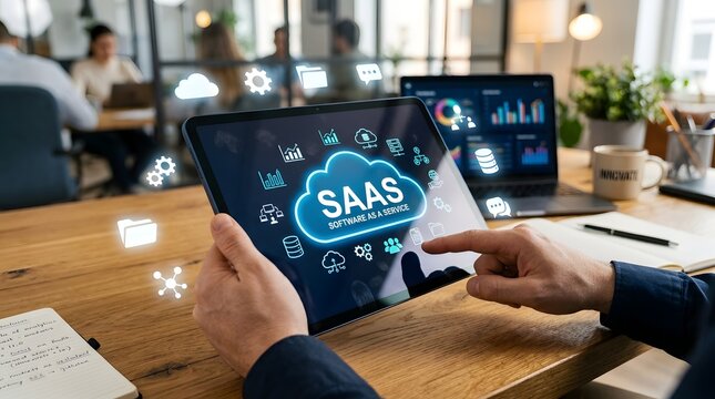  Business Team Using Tablet to Explore SaaS Software Platform in Modern Office