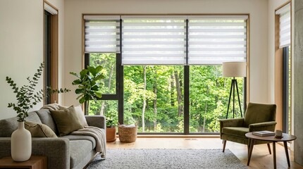 Fototapeta premium Living room with white zebra roller blinds revealing a vibrant green forest, with a ceramic vase and modern floor lamp with crisp detail.