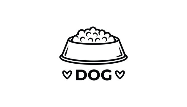 Minimalist black line art illustration of a pet bowl filled with dog food kibble and text on white background.